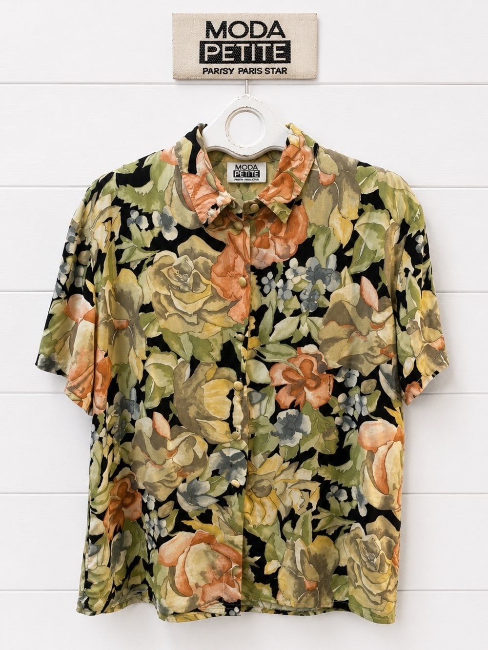 MODA PETITE Vintage Floral Short Sleeve Button-Up Blouse – Size 16P – Multicolor